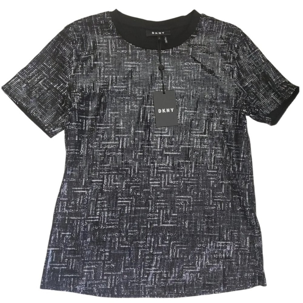 NWT DKNY WOMEN'S BLOUSE/T-SHIRT STRETCH SEQUIN CREW NECK SIZE S BLACK